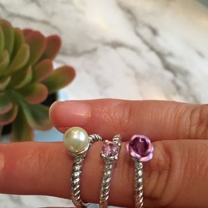 Rings Set of 3 Silver Roses Pearl Size 6